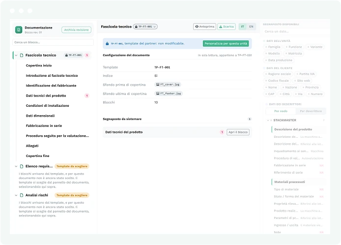 Screenshot: configurazione del fascicolo tecnico in Sfera, con l'elenco dei blocchi del documento a sinistra, le impostazioni del template al centro e i campi disponibili del prodotto a destra