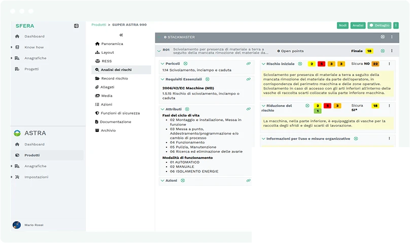 Screenshot del prodotto Sfera: analisi dei rischi di una macchina con rischio iniziale, riduzione del rischio e informazioni per l'uso